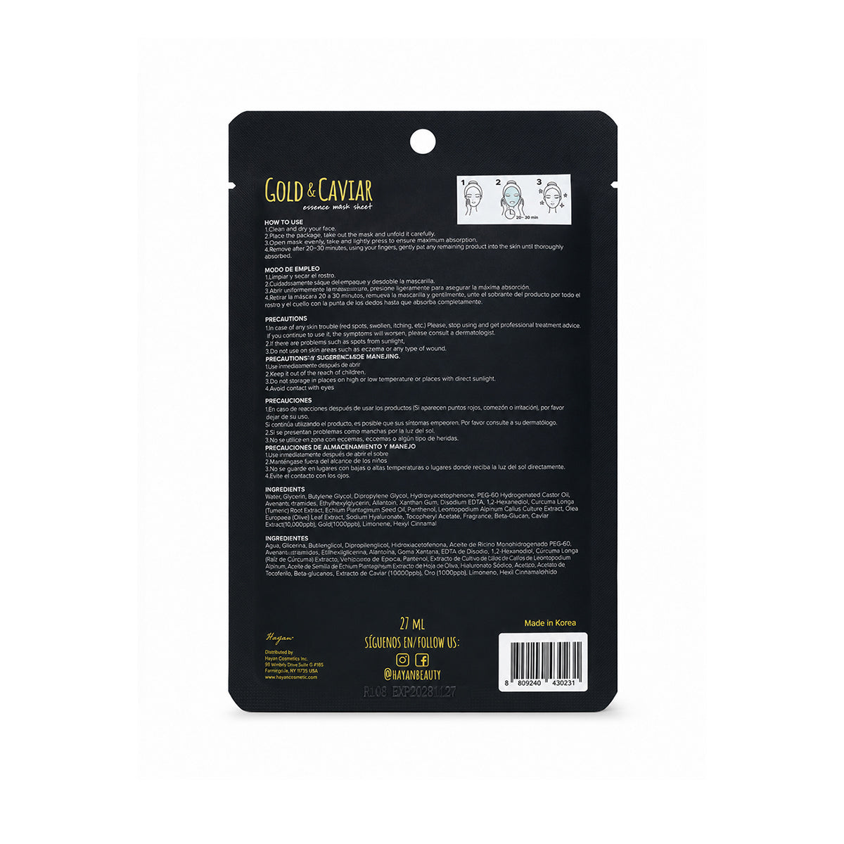Mascarilla facial extracto  Oro + Caviar tela hidratante Hayan