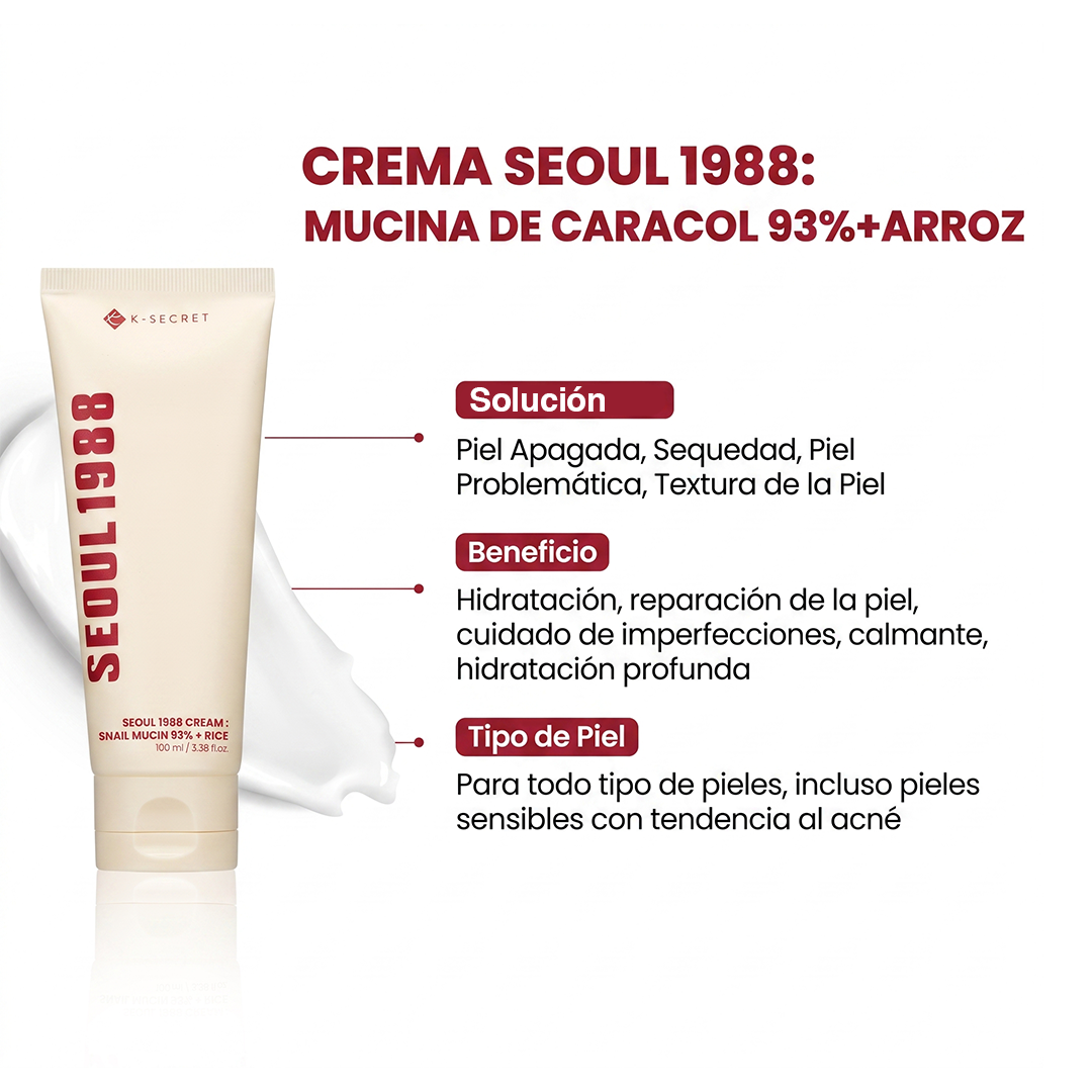 K-Secret Seoul 1988 Cream: Snail Mucin 93% + Rice 100 ML Crema Reparadora e Iluminadora